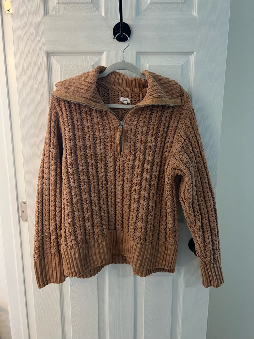 aerie Tan Cable Knit Half-Zip V-Neck Sweater